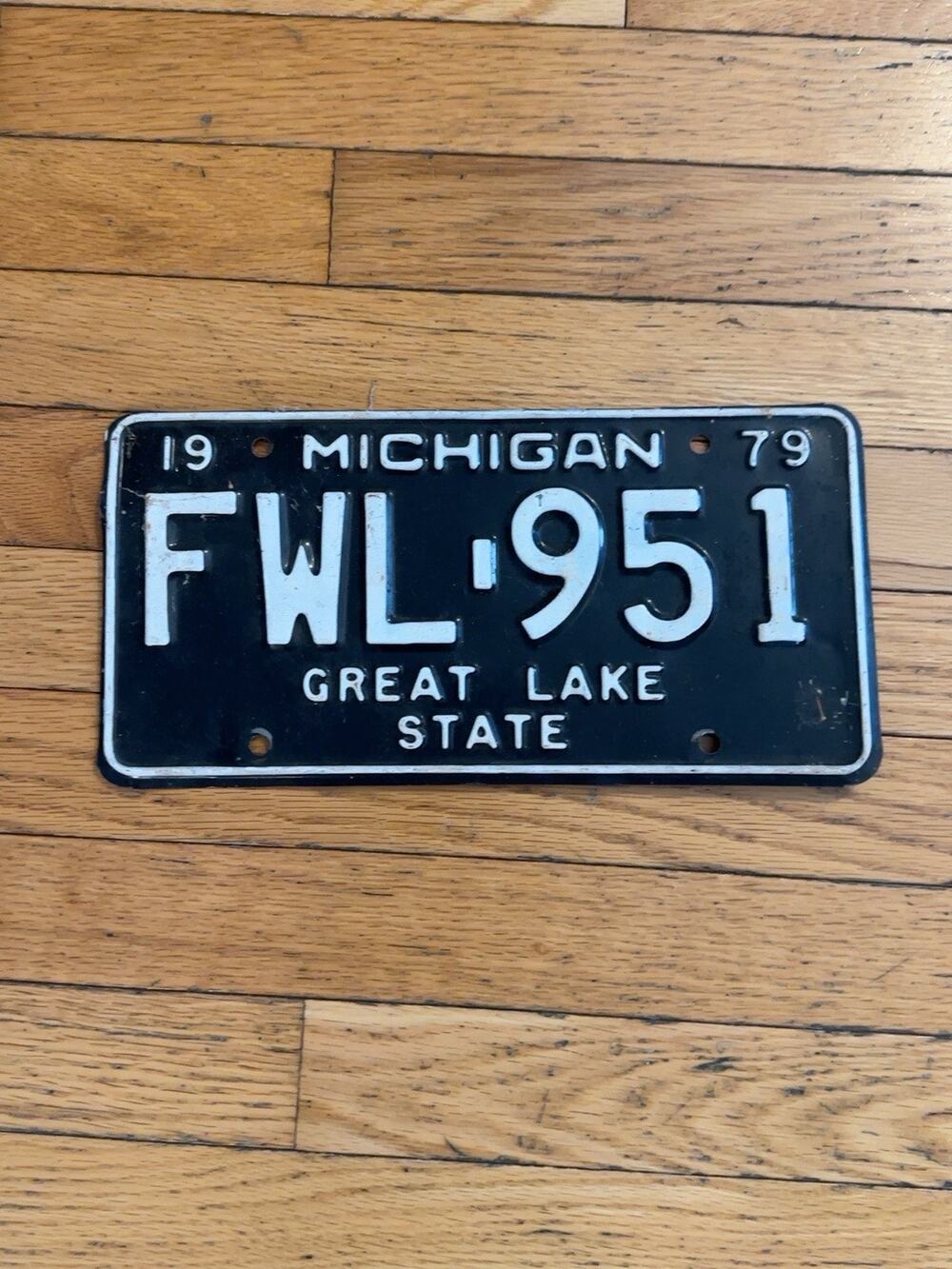 Vintage 1979 Michigan License Plate FWL-951 Great Lake State Black White Tag